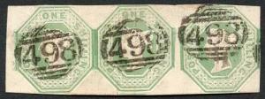 SG55 1/- Green Embossed Strip of three Fine condition