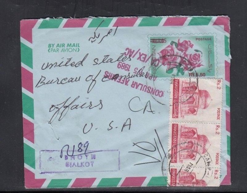 Cover Pakistan to USA -- Registered 1989 -- Consular Affairs Handstamp