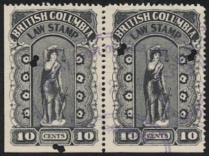 CANADA British Columbia 1912 10c ERROR Used Pair Law Stamp Revenue, VD BCL22