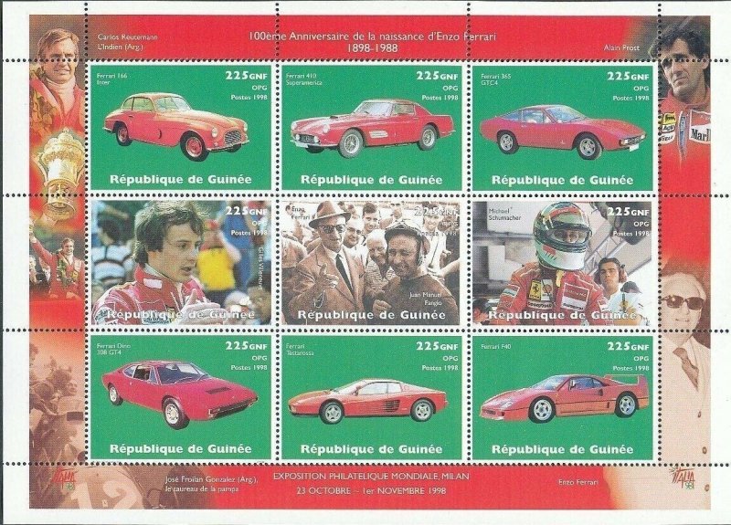 Republique De Guinee Guinea 1998 ENZO FERRARI CARS MNH Sheet of 9 [D1060]