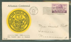 US 782 1936 3c Arkansas Centennial (single) on an addressed first day cover with a Linprint cachet.