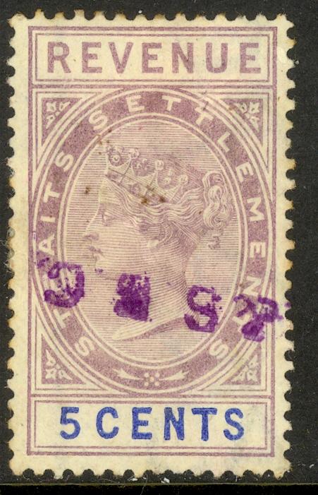 STRAITS SETTLEMENTS 1887 5c Lilac & Blue QV Revenue Bft 35 VFU
