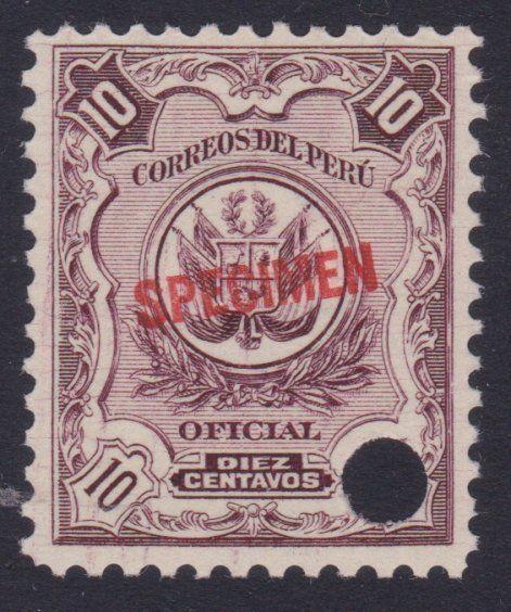 PERU 1909 OFFICIAL 10c optd SPECIMEN in red + security punch hole...........7974