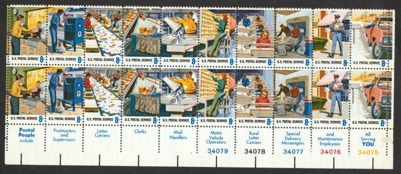 #1489-98 Postal Service Employees 8c MNH Plate Block of 20 ⭐⭐⭐⭐⭐