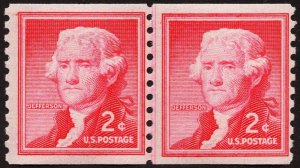 US 1055b MNH VF 2 Cent Thomas Jefferson Coil Line Pair Small Holes Shiny Gum