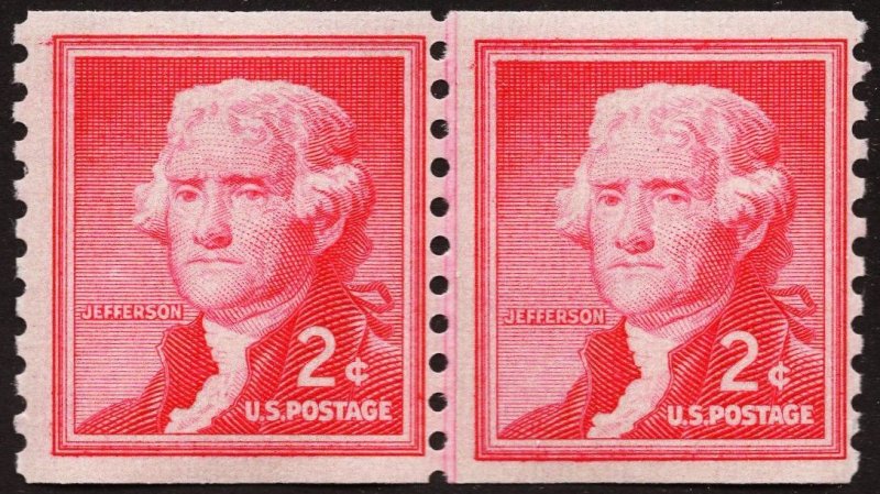 US 1055b MNH VF 2 Cent Thomas Jefferson Coil Line Pair Small Holes Shiny Gum