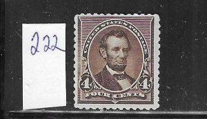 US #222 1890-93 LINCOLN 4 CENTS (BROWN) - MINT NEVER  HINGED