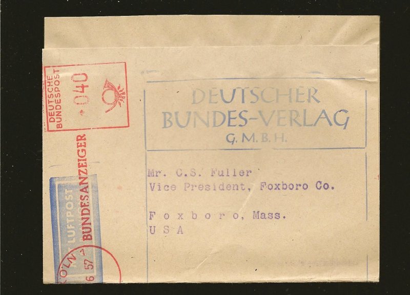 Germany Meter Stamp Bundespost Postmark 1957 Koln Newspaper Wrapper Cover Entire