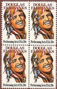 1984 Douglas Fairbanks Block of 4 20c Postage Stamps, Sc# 2088, MNH, OG