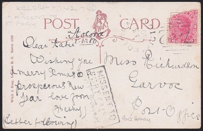 AUSTRALIA VICTORIA 1910 postcard with boxed MISSENT TO / PORT FAIRY........D4107