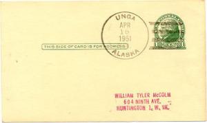 Alaska Town Cancel Unga 1951