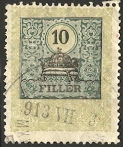 HUNGARY 1903 Barefoot #225 10f Used  Revenue VF, Wmk Crown in Circle