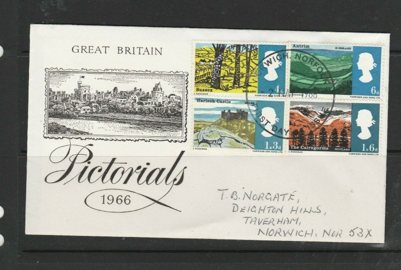 GB FDC 1966 landscapes Phos, Illus, Norwich FDI, Neat hand addressed