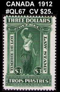 SALE CANADA QUEBEC REVENUE 1912 $3. #QL67 MNG VINTAGE LAW STAMP CV $25.