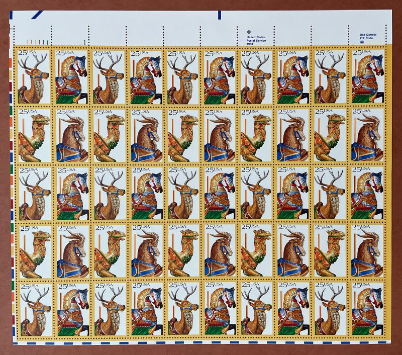Scott 2390-2393 CAROUSEL HORSES Sheet of 50 US 25¢ Stamps MNH 1988