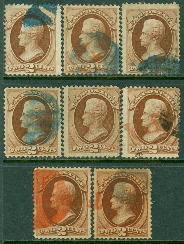 EDW1949SELL : USA 1870 Scott #146. 8 stamps. Used. 4 Blue 4 Red cancels Cat $178