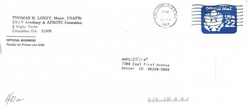 US OFFICIAL MILITARY MAIL COVER #UO74 US AIR FORCE MAILED COLUMBUS GEORGIA 1987