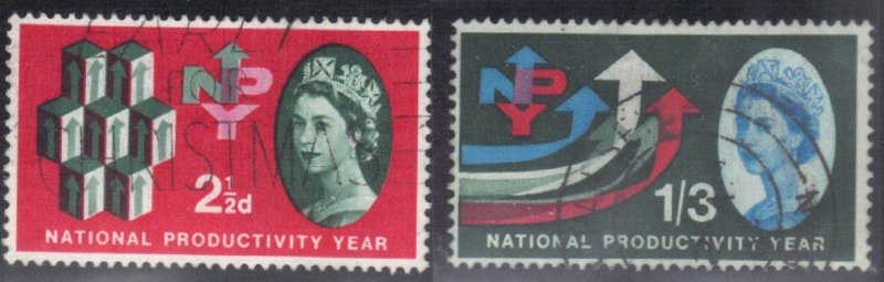 GREAT BRITAIN SCOTT# 387+389  USED 2.5p+1sh/3p  1962  PRODUCTIVITY SEE SCAN