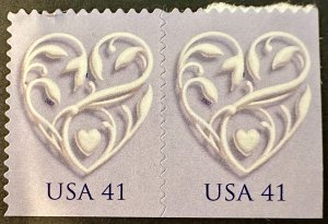 US # 4151 Wedding Hearts pair 41c 2007 Mint NH