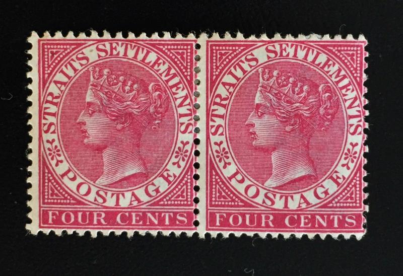 Malaya Straits Settlements 1899 QV 4c pair CrownCA MH SG#98 M1863