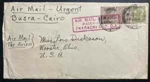 1927 Basra India First Flight Airmail cover FFC To Wooster OH USA Via Cairo