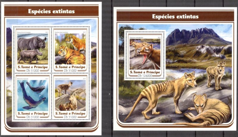 Sao Tome and Principe 2017 Endangered Species Boars Seals Tigers set + S/S MNH