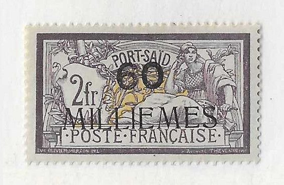 French Offices in Port Said Sc #54  60m on 2Fr  ( signed 3 times)  OG VF