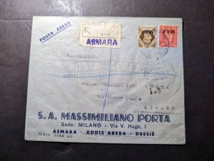 1948 Registered British Eritrea Overprint Airmail Cover Asmara to Milan Italy