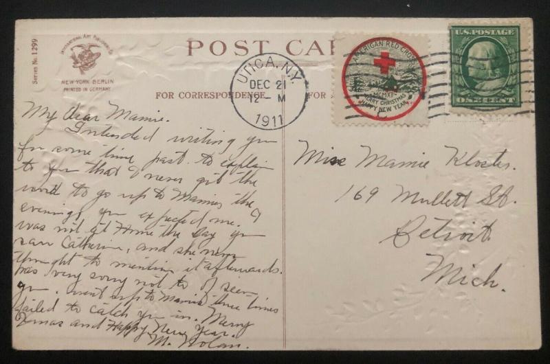 1911 Utica NY USA Picture Postcard Cover Christmas seal  #wx7 To Detroit MI