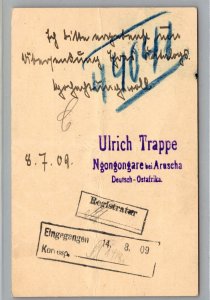 1909 Aruscha German Registered West Africa Postcard Cover To Berlin Germany