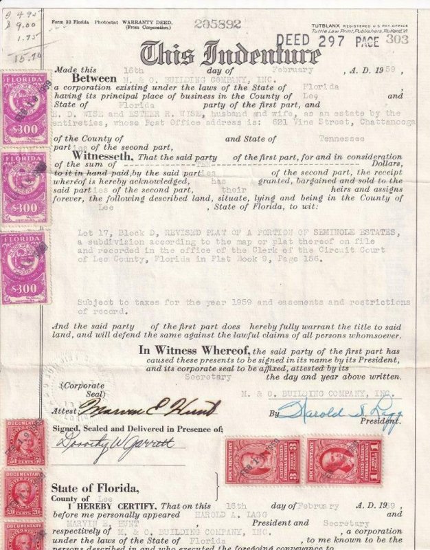 1959, Warranty Deed W/Federal & Florida Tax Paid (D46b X 3) Stamps (42339)