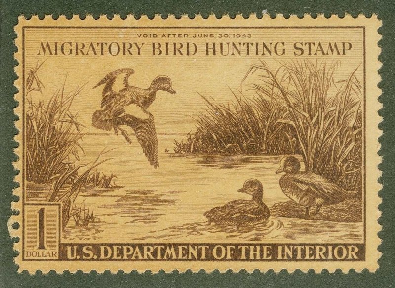 US Sc RW9 Violet Brown $1.00 1942 Hunting Permit Original Gum Lightly Hinged