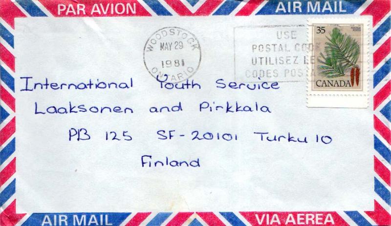 Canada 35c White Pine Trees 1981 Woodstock, Ontario Airmail to Turku, Finland.