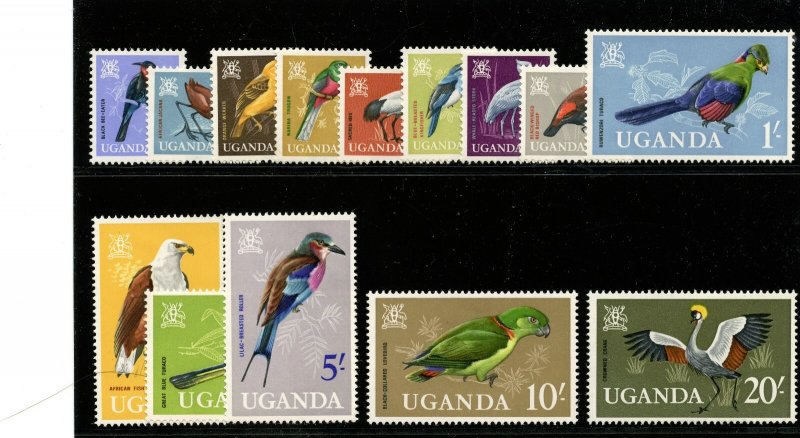 Uganda 1965 QEII Birds set complete MLH. SG 113-126. Sc 97-110.