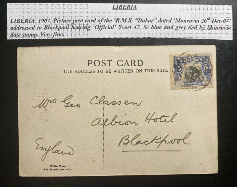 1907 Monrovia Liberia RPPc Postcard Cover to Blackpool England RMS Dakar