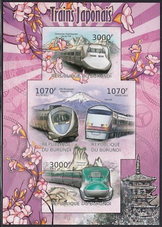 Burundi 2012 MNH Sc #1065 Sheet of 4 Japanese Trains IMPERF