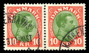 Denmark #131 Cat$110+, 1928 10k vermilion and yellow green, horizontal pair, ...
