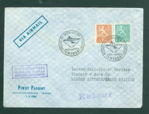 Finland. F. Flight Aerogram 1954. Finnair Helsinki-London 1.9.1954. 3+10 Mk.Adr.