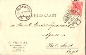 Netherlands 5c Queen Wilhelmina Postal Card 1907 Hilversum to Port-Said, Egyp...