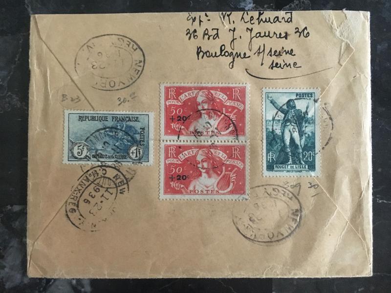 1936 France Airmail COver to USA # B10 Pair B42