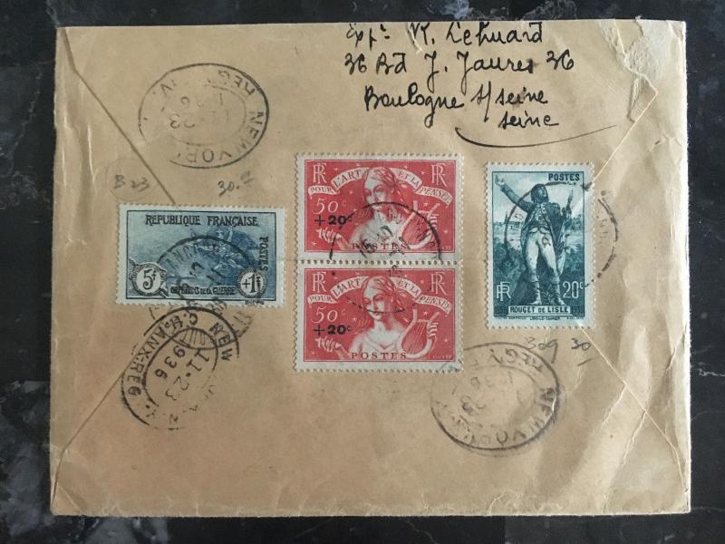 1936 France Airmail COver to USA # B10 Pair B42 