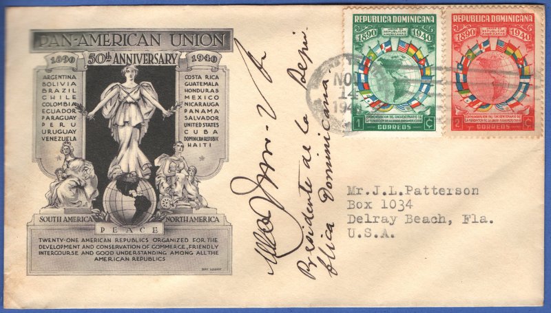 DOMINICAN REPUBLIC 1940 Pan-American Union FDC, Signed by President Trujillo