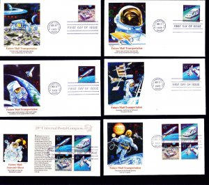 1989  FDC  Singles, Block & Souvenir Sheet 45¢ C122-C126 Futuristic Mail Delivey