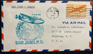 1941 San Juan Puerto Rico First Flight Airmail Cover FFC to Lagos Nigeria