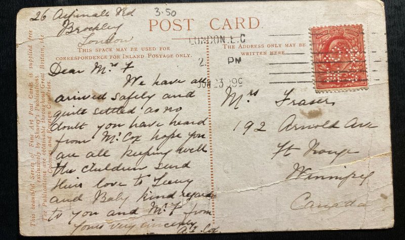 1909 London England Picture Postcard Cover Perfin Stamp Norman Straircase