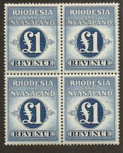 Rhodesia & Nyasaland Revenue BF7 Mint never hinged Block of four