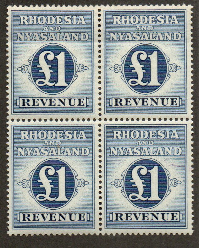Rhodesia & Nyasaland Revenue BF7 Mint never hinged Block of four