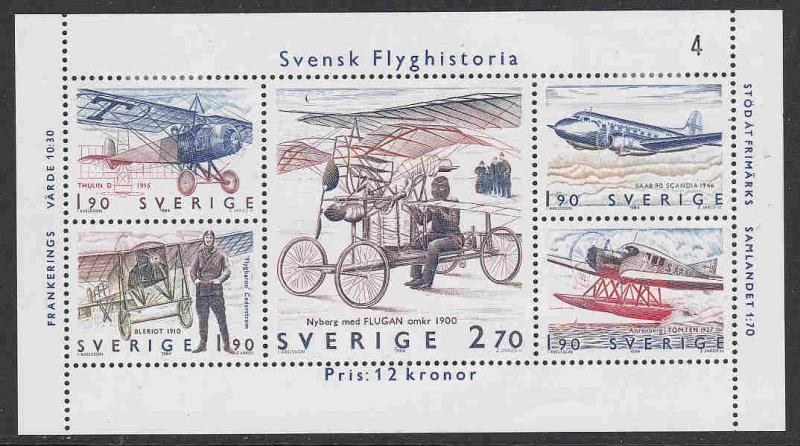 Sweden #1516 s/sheet of 5, F-VF Mint Hinged * Swedish Aviation History