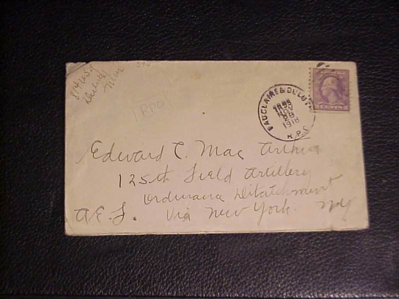 1918 NOV.28TH COVER EDWARD C. MACARTHER 125TH ARTILLERY DIV.