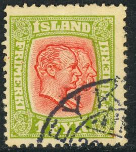 ICELAND 1915-18 1e CHRISTIAN IX FREDERIK VIII Dual Portrait Issue Sc 99 VFU